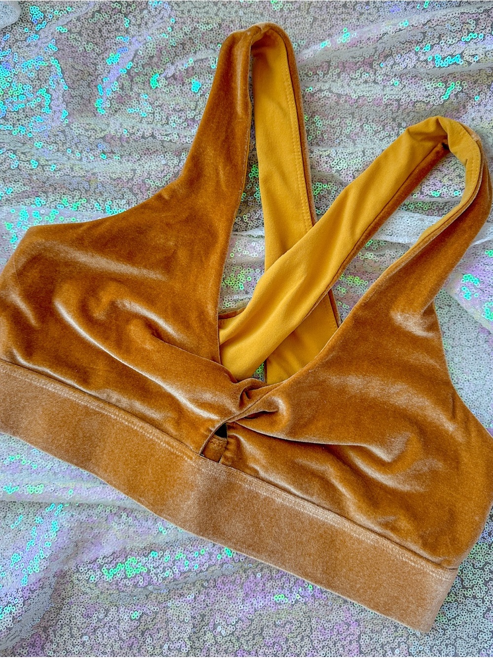 Fabletics Velvet Twist Sports Bra in Gold